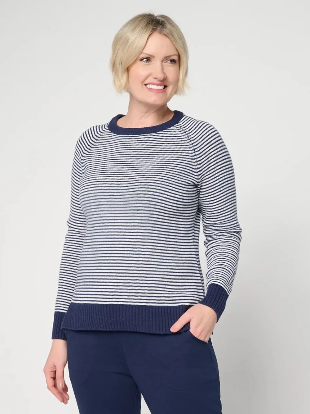Belle by Kim Gravel Nod to Nautical Raglan Sleeve Sweater, Twilight Sz M a741850